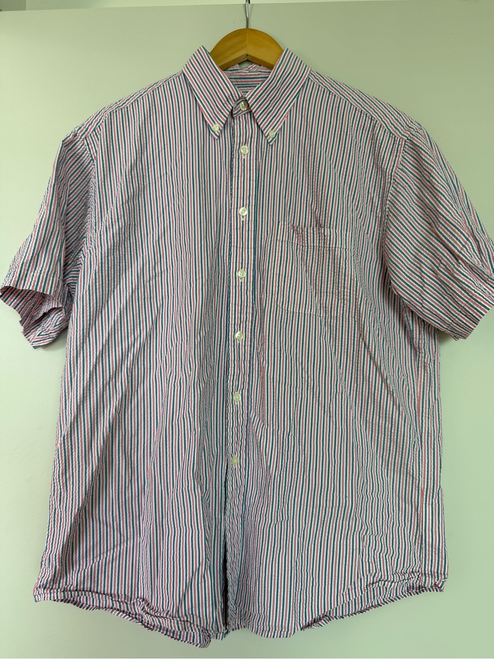 Brooks Brothers Short-Sleeve Button-Down Shirt — Red, Blue & White Stripe